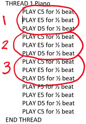 A 13-command Code Jumper program in THREAD 1 Piano.