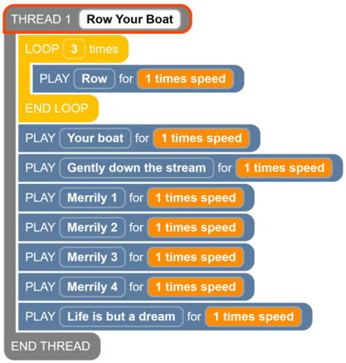 A screenshot of the Code Jumper app with a program in Thread 1.