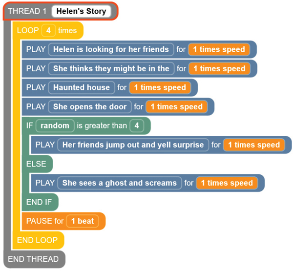 A screenshot of the Code Jumper app with a program in Thread 1.