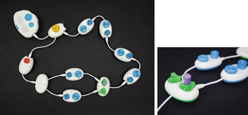 Two photos showing a Code Jumper program containing a Loop pod, several other pods, and a Random plug.