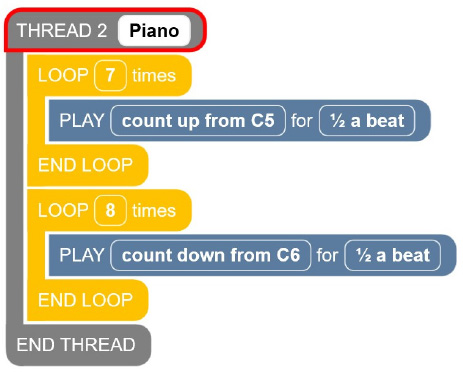 A screenshot of the Code Jumper app with a program in Thread 2.