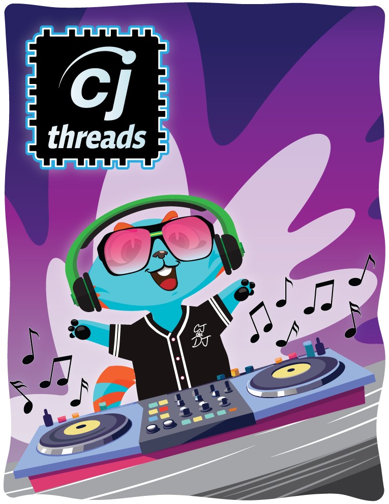 The cartoon character CJ stading over two turntables DJing